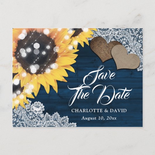 Rustic Navy Blue Sunflower Wedding Save the Date Aankondigingskaart (Voorkant)