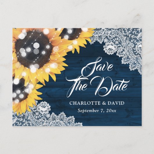 Rustic Navy Blue Sunflower Wedding Save the Date Aankondigingskaart (Voorkant)