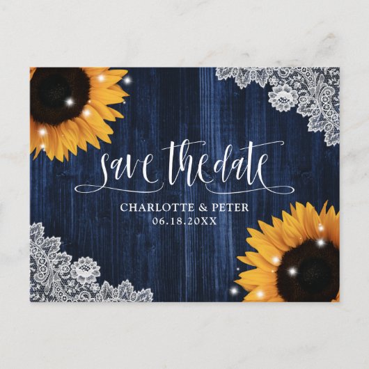 Rustic Navy Blue Sunflower Wedding Save the Date Briefkaart (Voorkant)