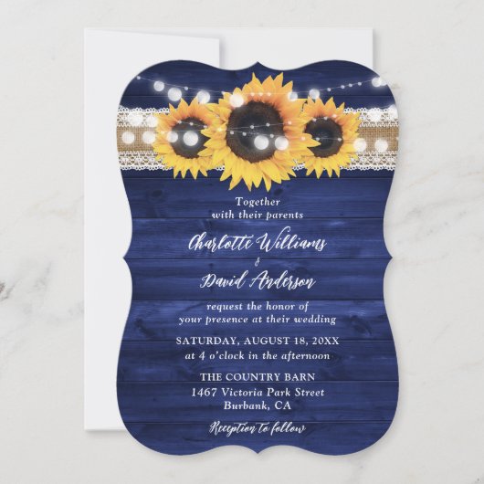 Rustic Navy Blue Sunflower Wood Wedding Kaart (Voorkant)