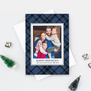 Rustic Navy Blue Tartan Prettige feestdagen Foto Feestdagenkaart