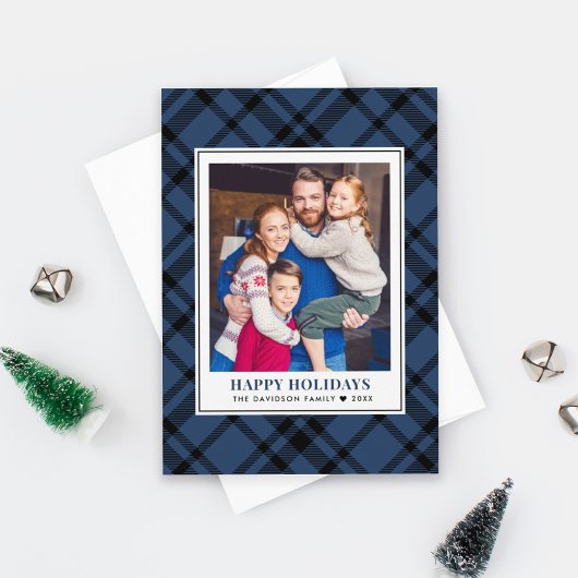 Rustic Navy Blue Tartan Prettige feestdagen Foto Feestdagenkaart