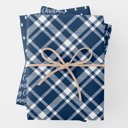Rustic Navy Blue Tartan Pset Merry Kerstmis Inpakpapier Vel (In situ)