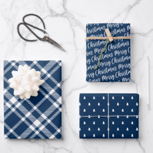 Rustic Navy Blue Tartan Pset Merry Kerstmis Inpakpapier Vel
