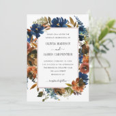 Rustic Navy Blue Terracotta Floral Fall Wedding Kaart (Staand voorkant)