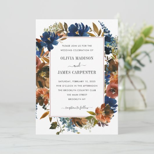 Rustic Navy Blue Terracotta Floral Fall Wedding Kaart (Staand voorkant)