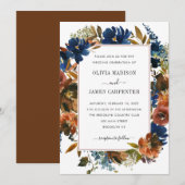 Rustic Navy Blue Terracotta Floral Fall Wedding Kaart (Voorkant / Achterkant)