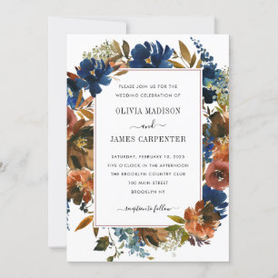 Rustic Navy Blue Terracotta Floral Fall Wedding Kaart