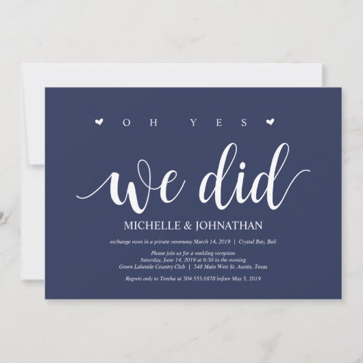 Rustic Navy Blue Trouw Elopement Ontvangst Kaart (Voorkant)