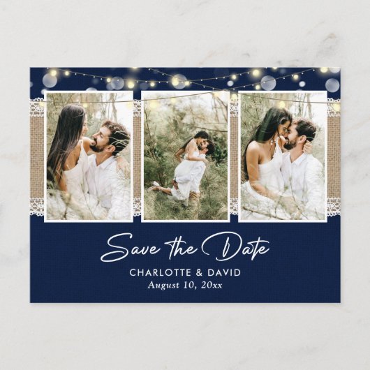 Rustic Navy Blue Wedding Photo Bewaar de datum Aankondigingskaart (Voorkant)