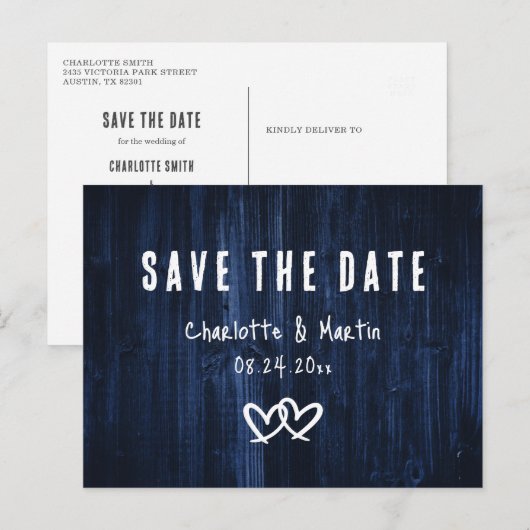 Rustic Navy Blue Wedding Save the Date Briefkaart (Voorkant / Achterkant)