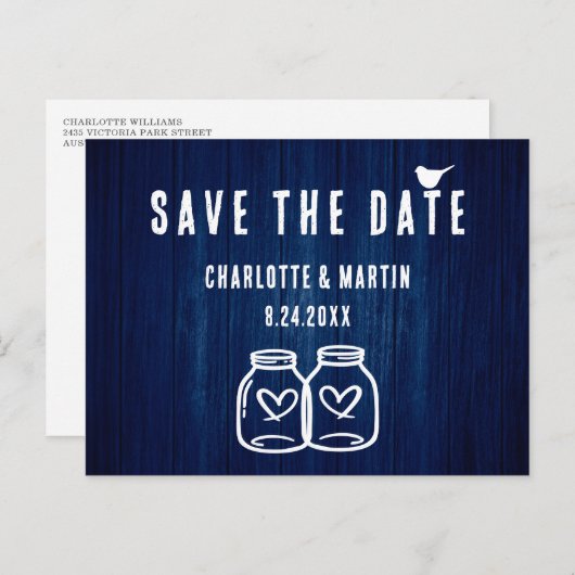 Rustic Navy Blue Wedding Save the Date Briefkaart (Voorkant / Achterkant)