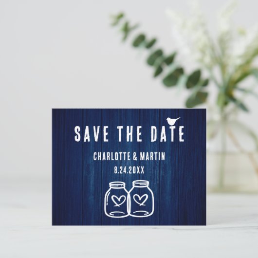 Rustic Navy Blue Wedding Save the Date Briefkaart (Staand voorkant)