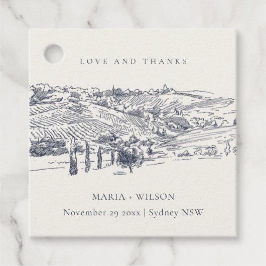 Rustic Navy Blue Winery Mountain Sketch Wedding Bedankjes Labels (Voorkant)