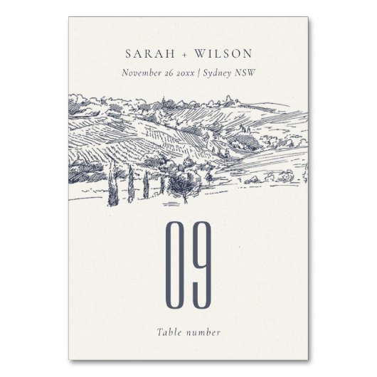 Rustic Navy Blue Winery Mountain Sketch Wedding Kaart (Achterkant)