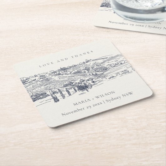 Rustic Navy Blue Winery Mountain Sketch Wedding Kartonnen Onderzetters (Schuin)