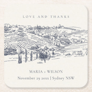 Rustic Navy Blue Winery Mountain Sketch Wedding Kartonnen Onderzetters