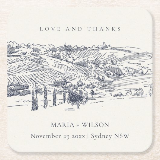 Rustic Navy Blue Winery Mountain Sketch Wedding Kartonnen Onderzetters (Voorkant)