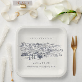 Rustic Navy Blue Winery Mountain Sketch Wedding Papieren Bordje