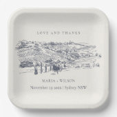 Rustic Navy Blue Winery Mountain Sketch Wedding Papieren Bordje (Voorkant)