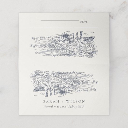 Rustic Navy Blue Winery Mountain Sketch Wedding Plaatskaartje (Buitenkant ongevouwen)