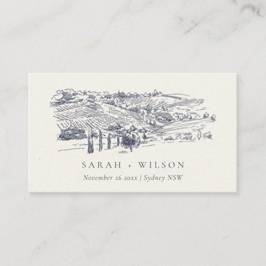 Rustic Navy Blue Winery Mountain Sketch Wedding Plaatskaartje (Voorkant)