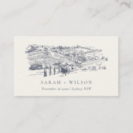 Rustic Navy Blue Winery Mountain Sketch Wedding Plaatskaartje
