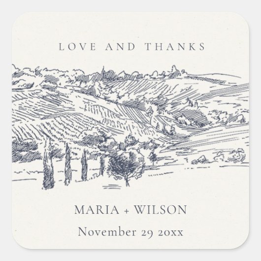 Rustic Navy Blue Winery Mountain Sketch Wedding Vierkante Sticker (Voorkant)