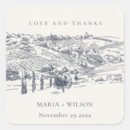 Rustic Navy Blue Winery Mountain Sketch Wedding Vierkante Sticker