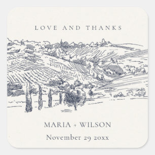 Rustic Navy Blue Winery Mountain Sketch Wedding Vierkante Sticker