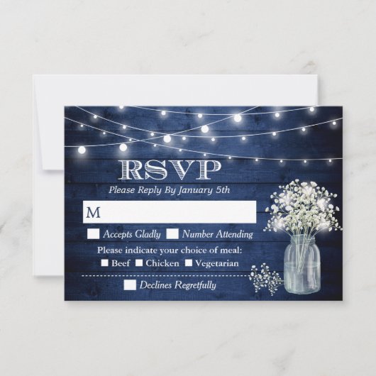 Rustic Navy Blue Wood Baby's Rreath String Lights RSVP Kaartje (Voorkant)