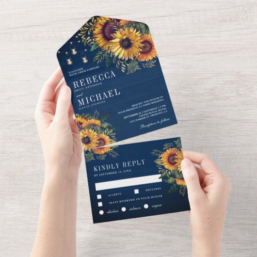 Rustic Navy Blue Wood Boho Sunflower Weddenschap All In One Uitnodiging (Afscheurbaar)