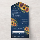 Rustic Navy Blue Wood Boho Sunflower Weddenschap All In One Uitnodiging (Binnen)