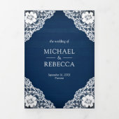 Rustic Navy Blue Wood Lace String Lights Wedding Drieluik Uitnodiging (Cover)