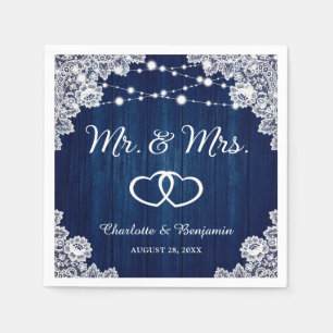 Rustic Navy Blue Wood Lace String Lights Wedding Servet