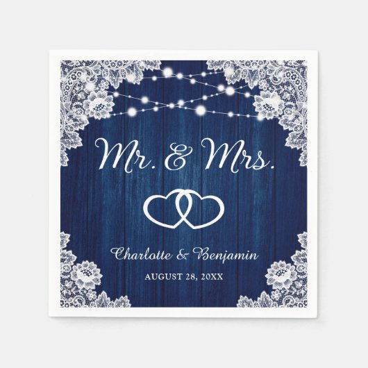 Rustic Navy Blue Wood Lace String Lights Wedding Servet (Voorkant)