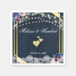 Rustic Navy Blue Wood Lace String Lights Wedding Servet