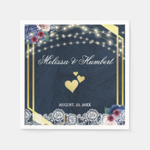 Rustic Navy Blue Wood Lace String Lights Wedding Servet