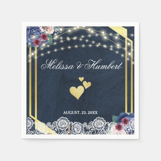 Rustic Navy Blue Wood Lace String Lights Wedding Servet (Voorkant)