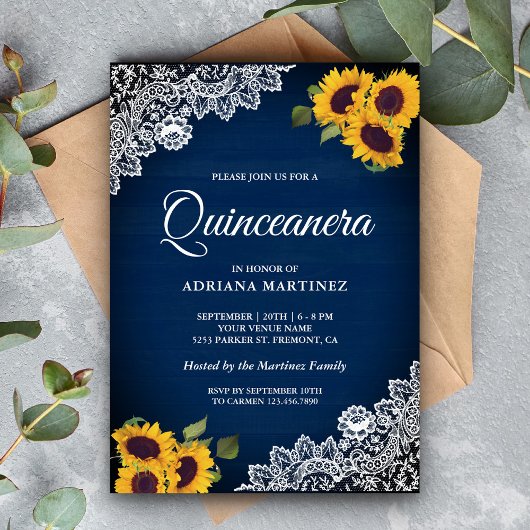 Rustic Navy Blue Wood Lace Sunflower Quinceanera Kaart