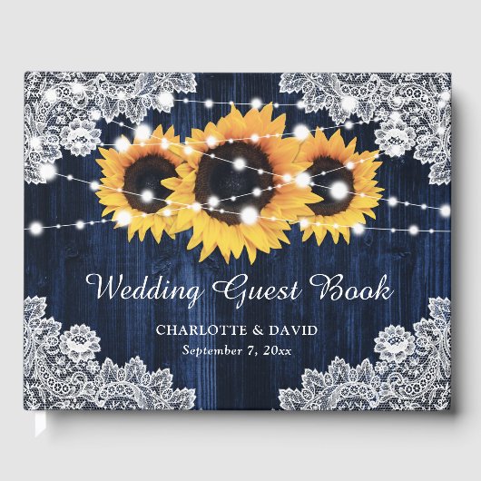 Rustic Navy Blue Wood Lace Sunflower Wedding Gastenboek (Voorkant)