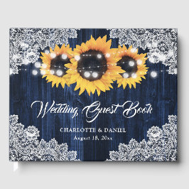 Rustic Navy Blue Wood Lace Sunflower Wedding Gastenboek