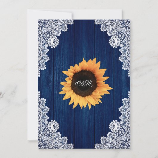 Rustic Navy Blue Wood Lace Sunflower Wedding Kaart (Achterkant)