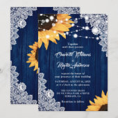 Rustic Navy Blue Wood Lace Sunflower Wedding Kaart (Voorkant / Achterkant)