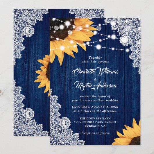 Rustic Navy Blue Wood Lace Sunflower Wedding Kaart (Voorkant / Achterkant)