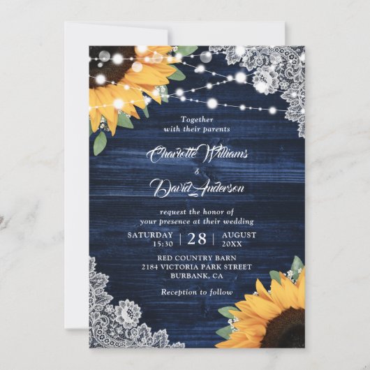 Rustic Navy Blue Wood Lace Sunflower Wedding Kaart (Voorkant)
