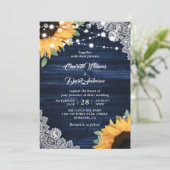 Rustic Navy Blue Wood Lace Sunflower Wedding Kaart (Staand voorkant)