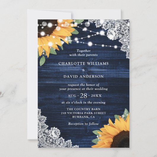Rustic Navy Blue Wood Lace Sunflower Wedding Kaart (Voorkant)