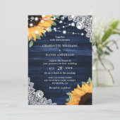 Rustic Navy Blue Wood Lace Sunflower Wedding Kaart (Staand voorkant)
