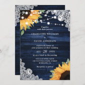Rustic Navy Blue Wood Lace Sunflower Wedding Kaart (Voorkant / Achterkant)